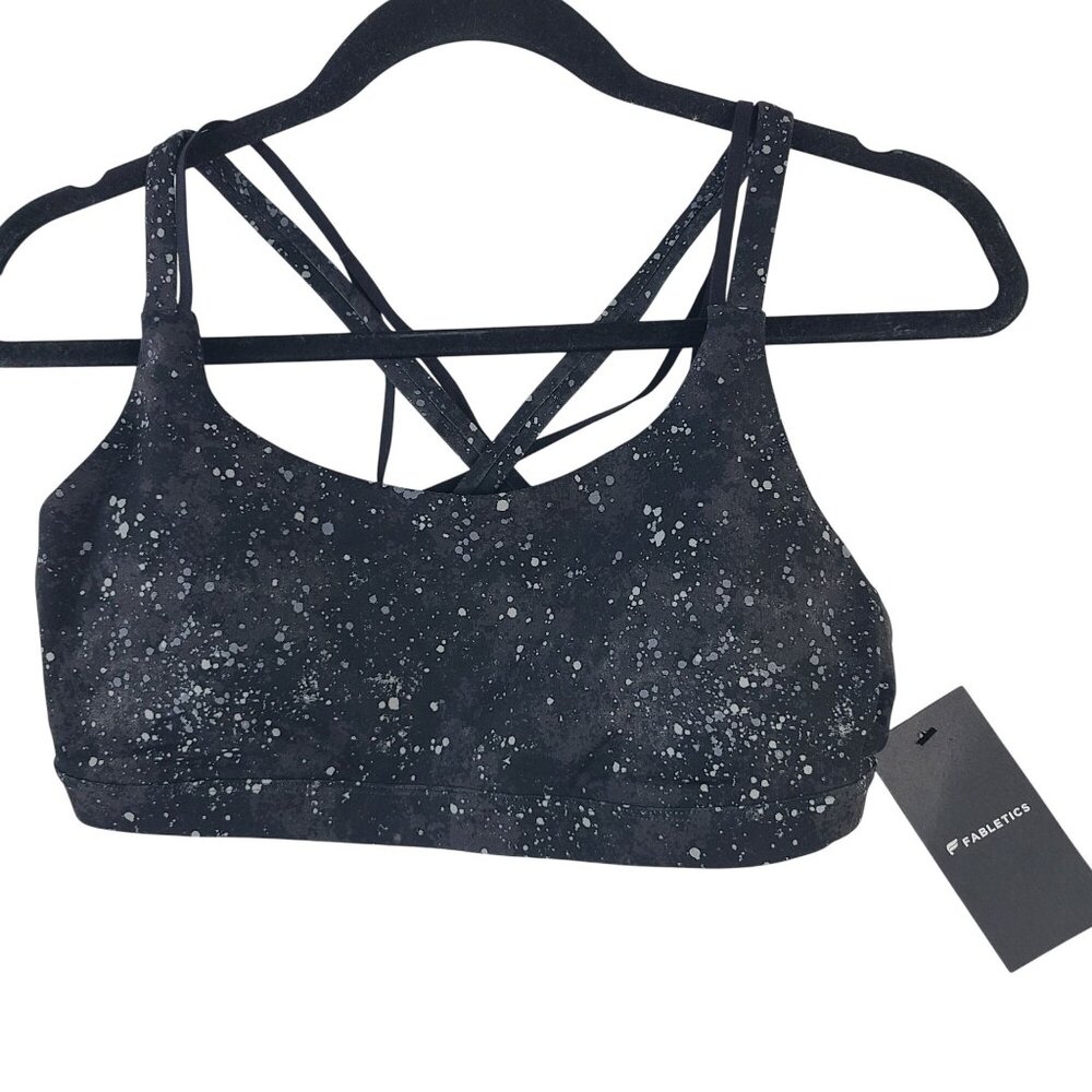 NWT Fabletics Black Splatter Print Sports Bra Strappy Back Medium Support Sz M